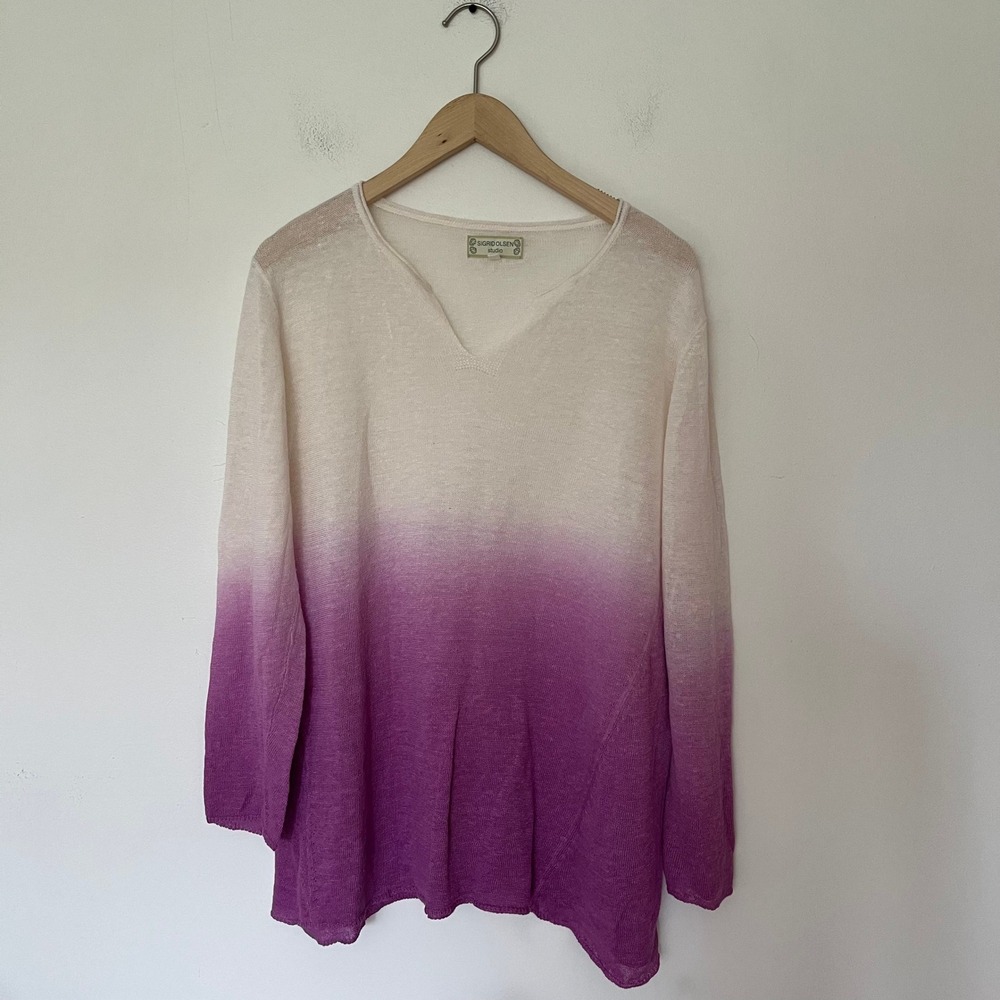 Sigrid Olsen Studio Womens Purple White Ombre Notched V-Neck Knit Sweater Small